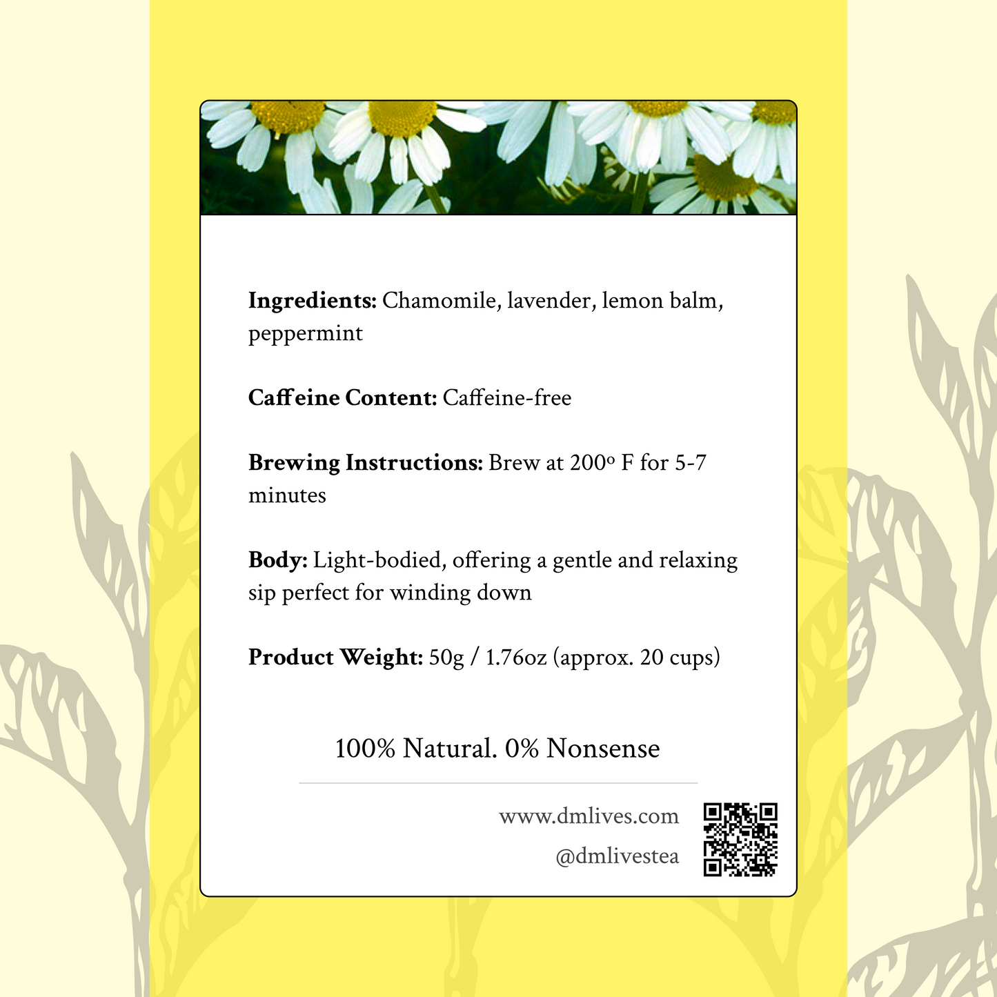 SereniTeas back label – Ingredients and details for this caffeine-free herbal tea blend promoting relaxation with no added sugars or artificial ingredients.