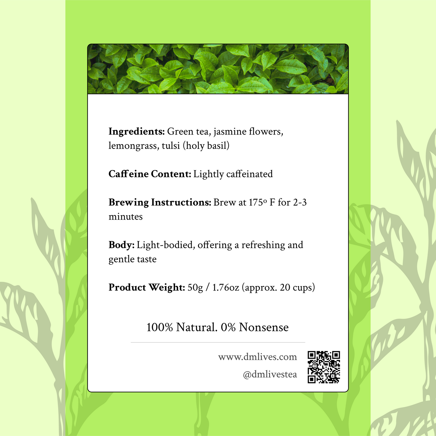 Emerald Bliss back label – Ingredients and details for this antioxidant-rich green tea blend with no added sugars or artificial ingredients.