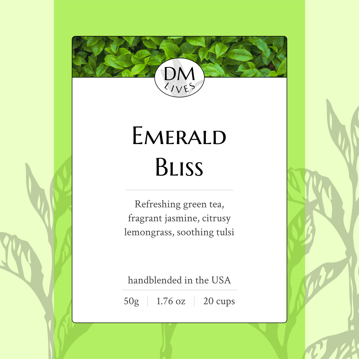 Emerald Bliss front label – A refreshing green tea blend with jasmine flowers, lemongrass, and tulsi for a harmonious, revitalizing experience.